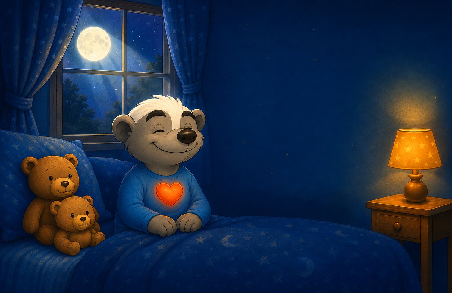 Honey Badger tucked into bed under a full moon, a glowing heart on his pajamas.